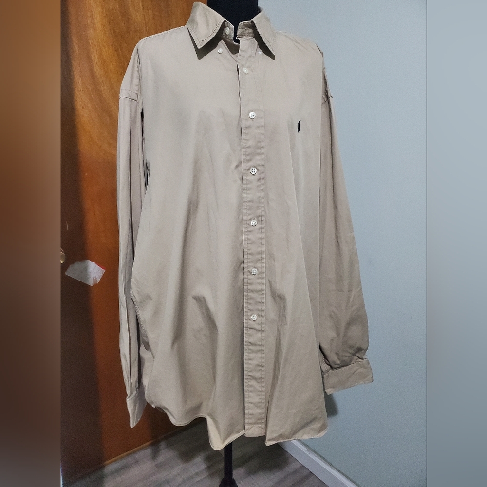 Ralph Lauren Blake Fit Mens Khaki Button Down Shirt 100% Cotton Long Sleeve